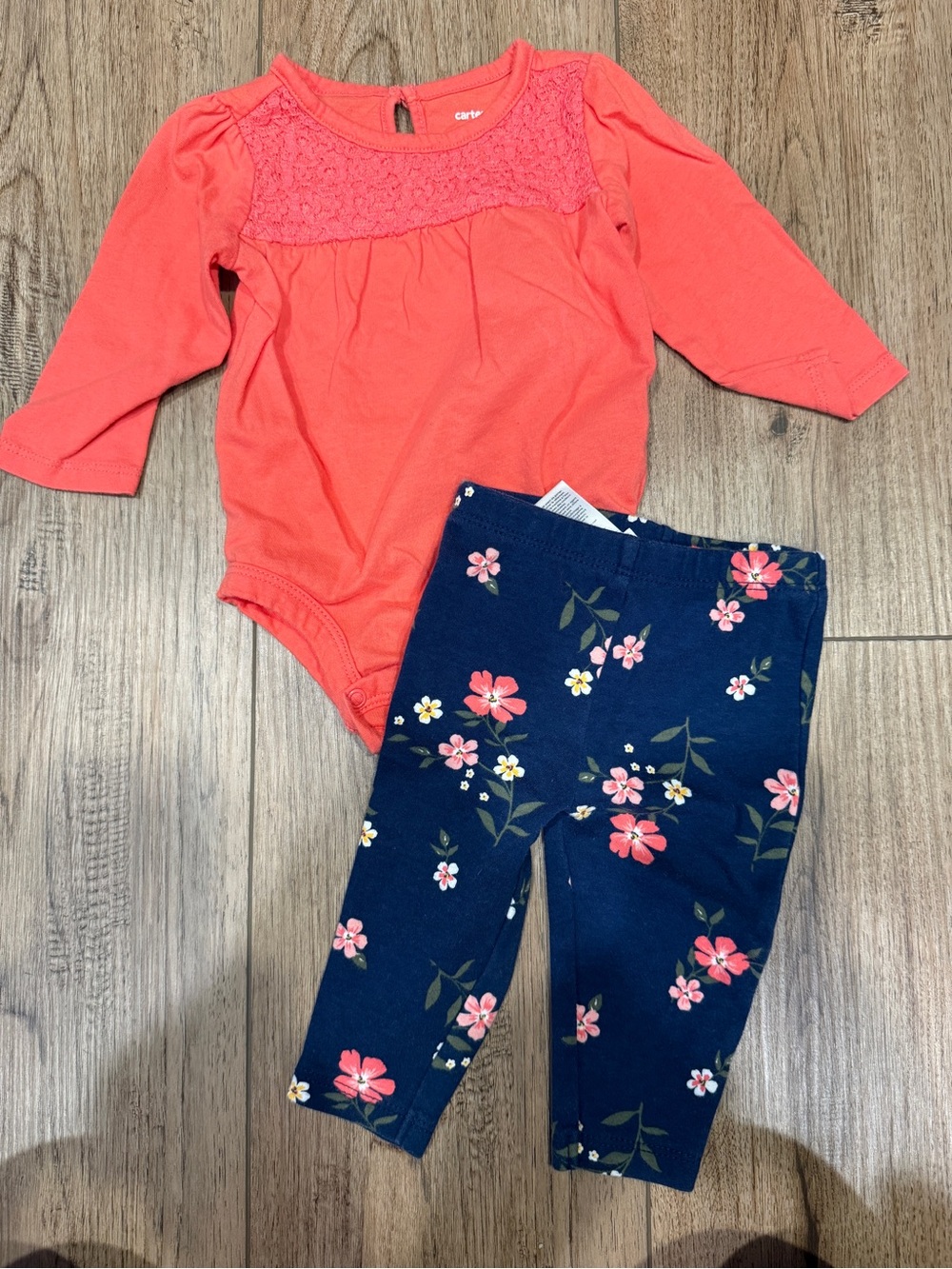Carter's Coral onesie & Navy Floral Leggings Set